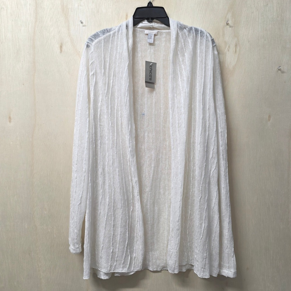 Chico's 100% Linen Open Front Cardigan White Textured Long Sleeve Size 3 XL